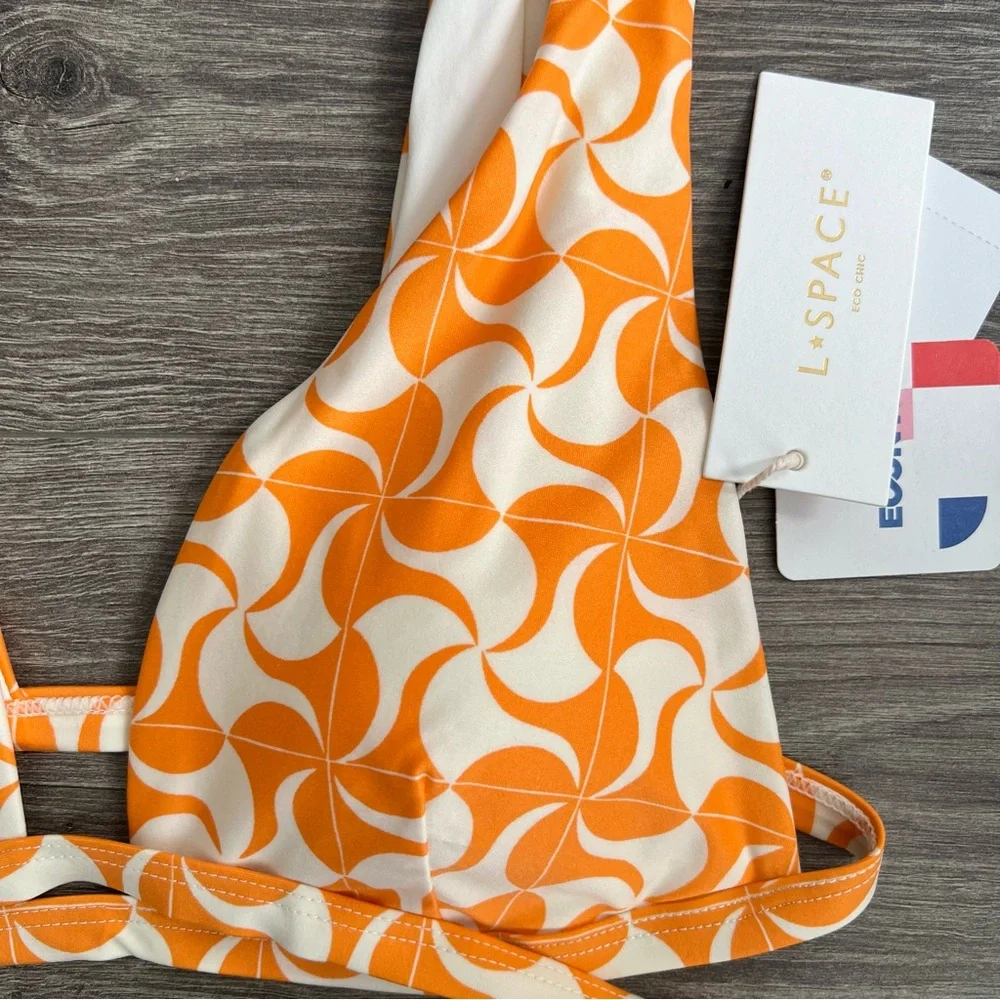 L*SPACE Avery Bikini Top Large Orange White Wrap Around Swimwear Retro 70s Boho